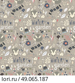 Seamless pattern with winter garden flowers, foxes and scarf, hat and mittens, vector illustration. Стоковая иллюстрация, агентство Ingram Publishing / Фотобанк Лори