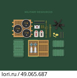 Military resources flat design . War and ammunition, army and bullet, ammo weapon, inventory gun, oil barrel, rocket and bazooka, automatic and launcher illustration. Стоковая иллюстрация, агентство Ingram Publishing / Фотобанк Лори