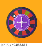 Roulette flat design on background. Casino and roulette wheel, gambling luck, fortune and bet, risk and leisure, jackpot chance, gamble round illustration. Стоковая иллюстрация, агентство Ingram Publishing / Фотобанк Лори