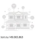 Concept of smart home and control device. Technology device, system mobile automation, monitoring energy power, electricity efficiency, equipment temperature, smart house, remote thermostat. Стоковая иллюстрация, агентство Ingram Publishing / Фотобанк Лори