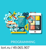 Concept for app development programming with smartphone, tools, programing code. Apps, development, mobile apps programming, software development, mobile app development, app design programming. Стоковая иллюстрация, агентство Ingram Publishing / Фотобанк Лори