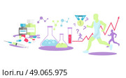 Pharmacology in sport icon flat isolated. Medical supplement,  medicine tablet vitamin, health food capsule, amino acid, healthcare pharmacy, training and injection illustration. Стоковая иллюстрация, агентство Ingram Publishing / Фотобанк Лори