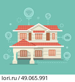 Concept of smart home and control device. Technology device, system mobile automation, monitoring energy power, electricity efficiency, equipment temperature, smart house, remote thermostat. Стоковая иллюстрация, агентство Ingram Publishing / Фотобанк Лори