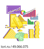 Invest in gold concept icon flat design. Finance investment money, business and coin currency, cash wealth, golden earning, rich and income, profit treasure, financial value account illustration. Стоковая иллюстрация, агентство Ingram Publishing / Фотобанк Лори