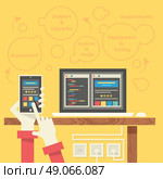 Concept for app development programming with smartphone, tools, programing code. Apps, development, mobile apps programming, software development, mobile app development, app design programming. Стоковая иллюстрация, агентство Ingram Publishing / Фотобанк Лори