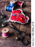 pin cushion with needles,thread and buttons for sewing on stylish wooden background. Стоковое фото, агентство Ingram Publishing / Фотобанк Лори