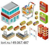Vector isometric illustration of a supermarket on a white background. Стоковая иллюстрация, агентство Ingram Publishing / Фотобанк Лори