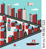 Urban landscape in a flat style with houses, roads and transport. Стоковая иллюстрация, агентство Ingram Publishing / Фотобанк Лори
