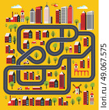 Urban landscape in a flat style with houses, roads and transport. Стоковая иллюстрация, агентство Ingram Publishing / Фотобанк Лори