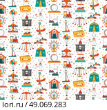Funfair Fair Amusement Park Seamless Pattern. Travelling carnival amusement park show fair seamless festive pattern with retro tickets clown and castle vector illustration . Стоковая иллюстрация, агентство Ingram Publishing / Фотобанк Лори
