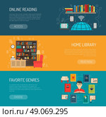 Library Flat Banners Set . Modern home online and traditional paper book shelves library 3 flat horizontal banners set isolated vector illustration  . Стоковая иллюстрация, агентство Ingram Publishing / Фотобанк Лори