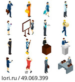 Professional People Work Isometric icons Set. Professional people at work isometric icons set with teacher lawyer businessmen air hostess and waiter abstract isolated vector illustration . Стоковая иллюстрация, агентство Ingram Publishing / Фотобанк Лори