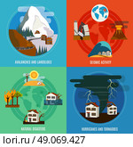 Natural Disaster 4 Flat Icons Set. Natural Disaster 4 flat icons square banner with seismic activity hurricanes and tornadoes abstract isolated vector illustration. Стоковая иллюстрация, агентство Ingram Publishing / Фотобанк Лори