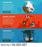 Natural Disasters Horizontal Banners. Natural disasters flat horizontal banners set with avalanches seismic activity and tornadoes vector illustration. Стоковая иллюстрация, агентство Ingram Publishing / Фотобанк Лори