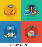 3D Printing Flat Icons Square Composition . 3d manufacturing process 4 flat icons square composition from scanning prototype to objects production abstract vector illustration. Стоковое фото, агентство Ingram Publishing / Фотобанк Лори