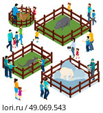 Zoo Outdoor Enclosures Visitors Isometric Banner . Outdoor zoo park with wild animals in open enclosures and visitors isometric composition banner abstract vector illustration. Стоковая иллюстрация, агентство Ingram Publishing / Фотобанк Лори