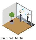 Window cleaning Isometric Interior Composition . Window cleaning in your apartment with tools and accessories squeezers dusters microfiber for sparkling glass isometric vector illustration . Стоковая иллюстрация, агентство Ingram Publishing / Фотобанк Лори