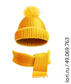 Knitted Hat And Scarf Flat Illustration . Modern winter knitted beanie hat with pompon and scarf set in yellow golden realistic pictogram vector illustration . Стоковая иллюстрация, агентство Ingram Publishing / Фотобанк Лори