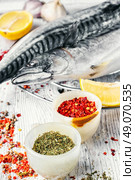 Thawed fresh fish mackerel with spices and marinade with lemon.Photograph high key. Savory spices for frozen fish. Стоковое фото, агентство Ingram Publishing / Фотобанк Лори
