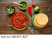 Chili with meat platillo Mexican food with sauces. Стоковое фото, агентство Ingram Publishing / Фотобанк Лори