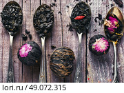 kinds of tea infuser in tea spoons on wooden background. Varieties of teas. Стоковое фото, агентство Ingram Publishing / Фотобанк Лори