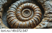 Extreme close-up of a fossilized ammonite coiled within weathered stone. Стоковое AI-видео, аниматор Ольга Невская / Фотобанк Лори
