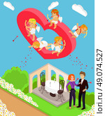 Valentines day 3d isometric angels with bow. Valentines day, woman man restaurant, love valentine heart, cupid valentine, celebration holiday valentine day, feeling valentine day amour. Couple on date. Стоковая иллюстрация, агентство Ingram Publishing / Фотобанк Лори