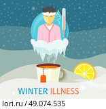 Winter illness season people design. Cold and sick, virus and health, flu infection, fever disease, sickness and temperature, unwell and scarf illustration. Infected infographic. Illness concept. Стоковая иллюстрация, агентство Ingram Publishing / Фотобанк Лори