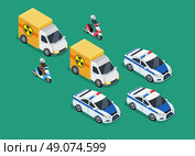 Isometric police motorcade car important toxic load. 3D Police guard, delivery escort, 3d policeman motorcycle, cortege car, toxic safety chemical, truck delivery danger, police storage hazardous. Стоковая иллюстрация, агентство Ingram Publishing / Фотобанк Лори