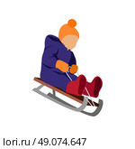 Sledding children design flat style. Sleigh toboggan, winter, sledge, snow and sled, slide and leisure, seasonal weather nature, downhill tobogganing, motion and recreation illustration. Стоковая иллюстрация, агентство Ingram Publishing / Фотобанк Лори