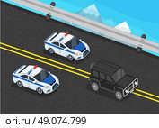 Isometric police motorcade car flat design. 3D police guard, motorcade escort, policeman in car, 3d cortege police car police protection, motorbike police patrol, transport famous safeguard. Стоковая иллюстрация, агентство Ingram Publishing / Фотобанк Лори