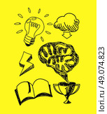 Scetch hand drawn new idea notebook. Idea and innovation new, light bulb, new concept, think outside the box, hand doodle drawn, notebook and sketch, drawing, scribble new idea business illustration. Стоковая иллюстрация, агентство Ingram Publishing / Фотобанк Лори
