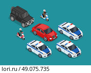 Isometric police motorcade car flat design. 3D police guard, motorcade escort, policeman on motorcycle, 3d cortege police car police protection, motorbike police patrol, transport famous safeguard. Стоковая иллюстрация, агентство Ingram Publishing / Фотобанк Лори