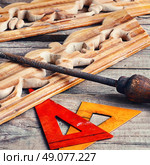Manually sawn figured wood products and files for wood processing. Work on wood. Стоковое фото, агентство Ingram Publishing / Фотобанк Лори