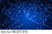 Glowing digital circuit pattern with blue neon lines technology background for innovation, data transfer, information security, modern science, artificial intelligence, web and blockchain design. Стоковое AI-изображение, AI-художник Павел Муравьев / Фотобанк Лори