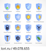 Protection Proof Flat Color Emblems. Protection proof flat emblems with  waterproof soundproof sunproof fireproof signs and commentaries on white background isolated vector illustration  . Стоковая иллюстрация, агентство Ingram Publishing / Фотобанк Лори