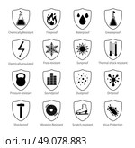 Protection Proof Black Icons . Protection proof black emblems with  scratch resistant soundproof shockproof virus protection signs and commentaries on white background isolated vector illustration  . Стоковая иллюстрация, агентство Ingram Publishing / Фотобанк Лори