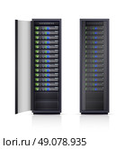 Two Black Server Racks Realistic Illustration . Two black adjustable computer server racks enclosures boxes design icons print realistic isolated vector Illustration. Стоковая иллюстрация, агентство Ingram Publishing / Фотобанк Лори