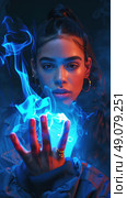 A woman with dark hair in a bun holds her hand out in front of her, with blue light emanating from her palm. She is illuminated by red and blue lights. Стоковое AI-изображение, AI-художник Данила Большаков / Фотобанк Лори