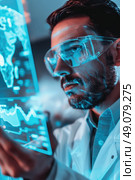 A man wearing safety glasses intently looks at a transparent screen displaying a world map and data. He is possibly working in a laboratory setting, potentially researching global trends or analyzing data. Стоковое AI-изображение, AI-художник Данила Большаков / Фотобанк Лори
