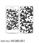 Mobile smartphone with an example of the screen and cover design. Triangular vector pattern. Abstract black triangles on white background. White mobile smartphone with an example of the screen and cover design isolated on white background. Triangular vector pattern. Abstract black triangles on white background. Стоковая иллюстрация, агентство Ingram Publishing / Фотобанк Лори