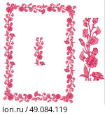 Set of ornaments in pink and red colors - decorative handdrawn floral border and frame with clove and sweet pea flowers, isolated on white background. Стоковая иллюстрация, агентство Ingram Publishing / Фотобанк Лори