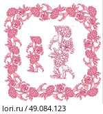 Set of ornaments in pink and red colors - decorative handdrawn floral border and frame with gardenia and sweet pea flowers, isolated on white background. Стоковая иллюстрация, агентство Ingram Publishing / Фотобанк Лори