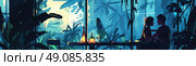 A couple sits at a table near a window overlooking a lush tropical jungle. The sun is setting and casting a warm glow on the scene, while the silhouette of the couple creates a sense of intimacy and privacy. Стоковое AI-изображение, AI-художник Данила Большаков / Фотобанк Лори