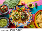 Mexican platillo tacos of barbacoa and vegetarian with sauces and colorful table. Стоковое фото, агентство Ingram Publishing / Фотобанк Лори