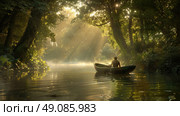 A lone rower glides silently down a misty river, bathed in the golden light of sunrise. Sunlight streams through the trees, illuminating the waters surface and creating a magical atmosphere. Стоковое AI-изображение, AI-художник Данила Большаков / Фотобанк Лори