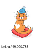 Cat in Hat Isolated Design Flat . Orange cat with a blue hat on his head sitting on a red pillow isolated on white background. Drawing cat with a white heart on the fur on back. Funny domestic animal pet kitten. Vector illustration. Стоковая иллюстрация, агентство Ingram Publishing / Фотобанк Лори