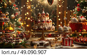A beautifully decorated Christmas dessert table with a tiered cake decorated with ornaments, various other treats, and a snowy backdrop. Стоковое AI-изображение, AI-художник Данила Большаков / Фотобанк Лори