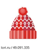 Winter Hat Isolated. Winter red wool hat icon. Knitted winter woolen cap isolated on white background. Flat icon winter snowboard hat cap. Vector illustration. Стоковая иллюстрация, агентство Ingram Publishing / Фотобанк Лори