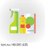 Spray cleanser bottle with cleaning liquid. Household chemical appliances, domestic and bottle, equipment clean, housework and housekeeping, soap and detergent vector illustration. Стоковая иллюстрация, агентство Ingram Publishing / Фотобанк Лори